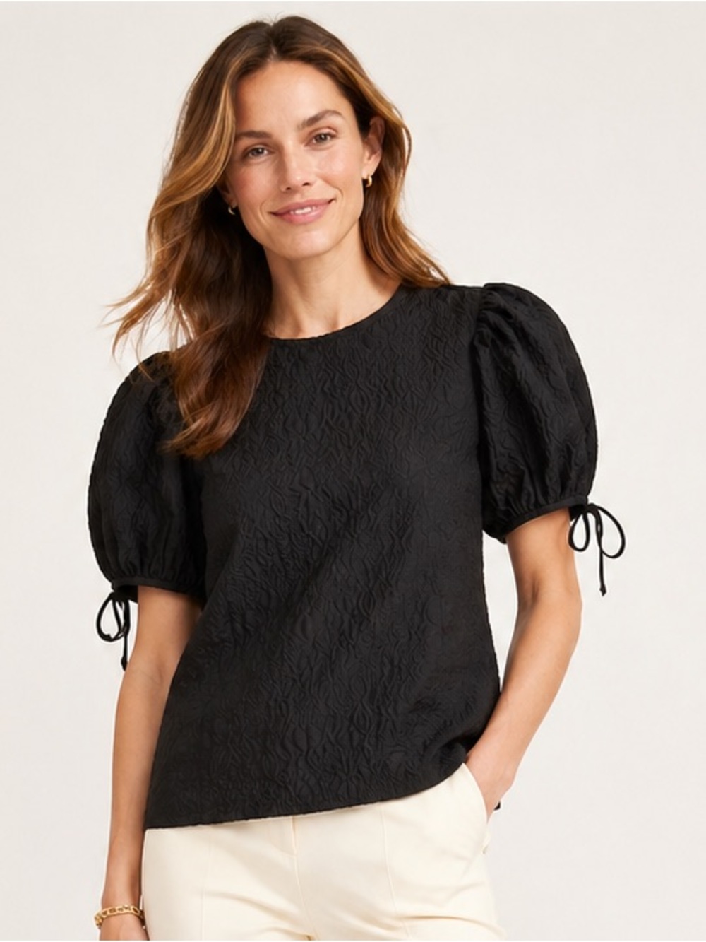 J. Cree black Puff-sleeve textured organza top medium BD814 cocktail holiday